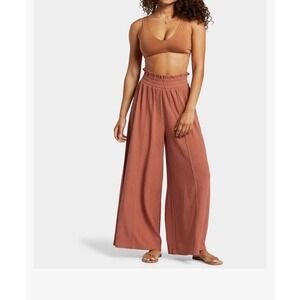 Roxy Women Rust Orange Smocked Wide Leg Crinkle Beach Pants Small